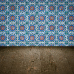 Image showing Wood table top and blur vintage ceramic tile pattern wall