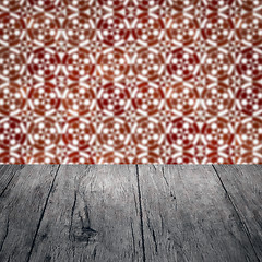 Image showing Wood table top and blur vintage ceramic tile pattern wall