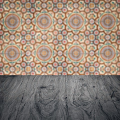 Image showing Wood table top and blur vintage ceramic tile pattern wall