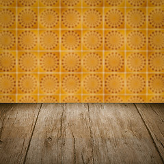 Image showing Wood table top and blur vintage ceramic tile pattern wall