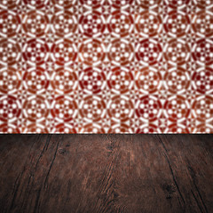 Image showing Wood table top and blur vintage ceramic tile pattern wall