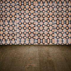 Image showing Wood table top and blur vintage ceramic tile pattern wall