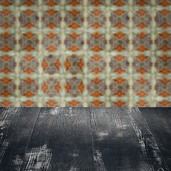 Image showing Wood table top and blur vintage ceramic tile pattern wall