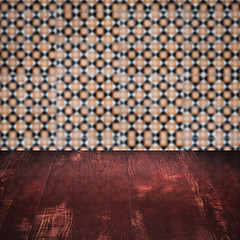 Image showing Wood table top and blur vintage ceramic tile pattern wall