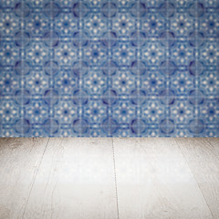 Image showing Wood table top and blur vintage ceramic tile pattern wall