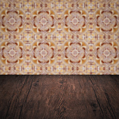 Image showing Wood table top and blur vintage ceramic tile pattern wall