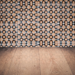 Image showing Wood table top and blur vintage ceramic tile pattern wall