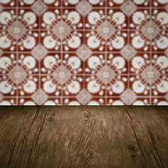 Image showing Wood table top and blur vintage ceramic tile pattern wall