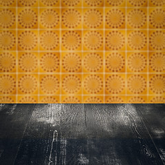 Image showing Wood table top and blur vintage ceramic tile pattern wall