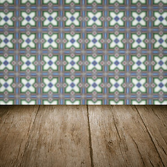 Image showing Wood table top and blur vintage ceramic tile pattern wall