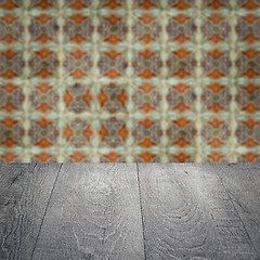 Image showing Wood table top and blur vintage ceramic tile pattern wall