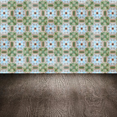 Image showing Wood table top and blur vintage ceramic tile pattern wall