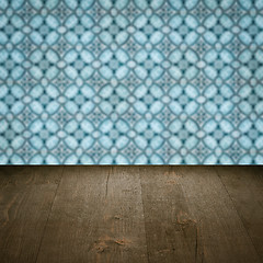 Image showing Wood table top and blur vintage ceramic tile pattern wall