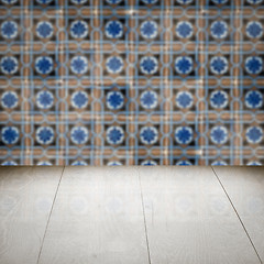 Image showing Wood table top and blur vintage ceramic tile pattern wall