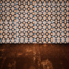 Image showing Wood table top and blur vintage ceramic tile pattern wall