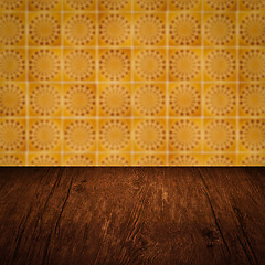 Image showing Wood table top and blur vintage ceramic tile pattern wall