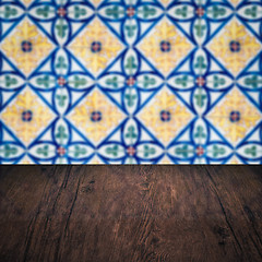 Image showing Wood table top and blur vintage ceramic tile pattern wall