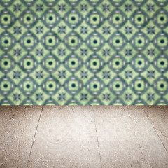 Image showing Wood table top and blur vintage ceramic tile pattern wall