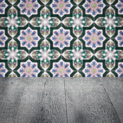 Image showing Wood table top and blur vintage ceramic tile pattern wall