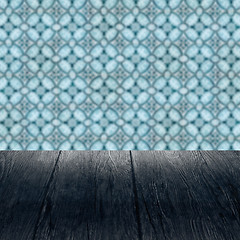 Image showing Wood table top and blur vintage ceramic tile pattern wall