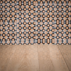 Image showing Wood table top and blur vintage ceramic tile pattern wall