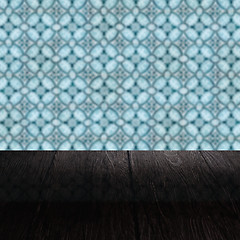 Image showing Wood table top and blur vintage ceramic tile pattern wall