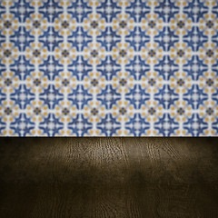 Image showing Wood table top and blur vintage ceramic tile pattern wall