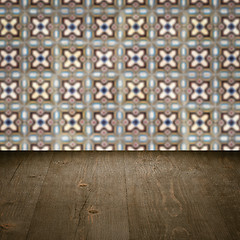 Image showing Wood table top and blur vintage ceramic tile pattern wall