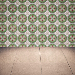 Image showing Wood table top and blur vintage ceramic tile pattern wall