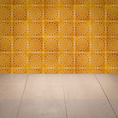 Image showing Wood table top and blur vintage ceramic tile pattern wall