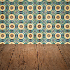 Image showing Wood table top and blur vintage ceramic tile pattern wall