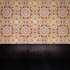 Image showing Wood table top and blur vintage ceramic tile pattern wall