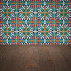 Image showing Wood table top and blur vintage ceramic tile pattern wall