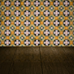 Image showing Wood table top and blur vintage ceramic tile pattern wall