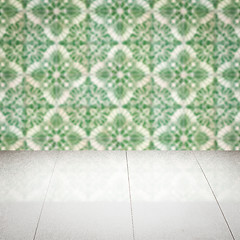 Image showing Wood table top and blur vintage ceramic tile pattern wall