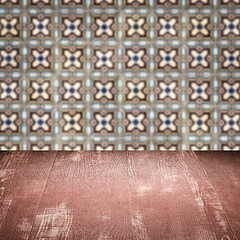 Image showing Wood table top and blur vintage ceramic tile pattern wall