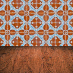 Image showing Wood table top and blur vintage ceramic tile pattern wall