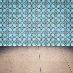 Image showing Wood table top and blur vintage ceramic tile pattern wall