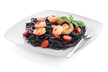 Image showing Black spaghetti with shrimps