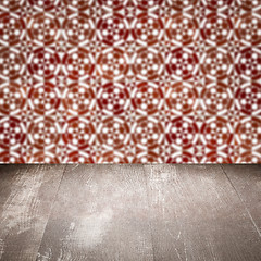 Image showing Wood table top and blur vintage ceramic tile pattern wall