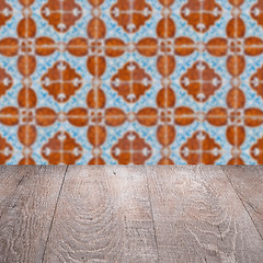 Image showing Wood table top and blur vintage ceramic tile pattern wall