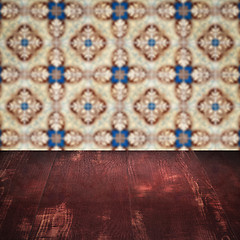 Image showing Wood table top and blur vintage ceramic tile pattern wall