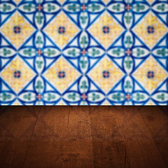 Image showing Wood table top and blur vintage ceramic tile pattern wall