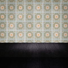 Image showing Wood table top and blur vintage ceramic tile pattern wall