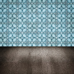 Image showing Wood table top and blur vintage ceramic tile pattern wall