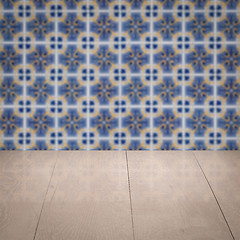 Image showing Wood table top and blur vintage ceramic tile pattern wall