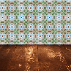 Image showing Wood table top and blur vintage ceramic tile pattern wall