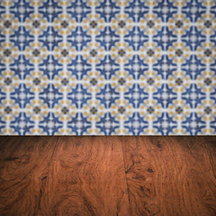 Image showing Wood table top and blur vintage ceramic tile pattern wall