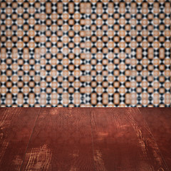 Image showing Wood table top and blur vintage ceramic tile pattern wall