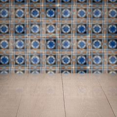 Image showing Wood table top and blur vintage ceramic tile pattern wall